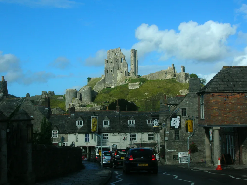 The Greyhound Inn in Corfe Castle village, below the ruins of the castle