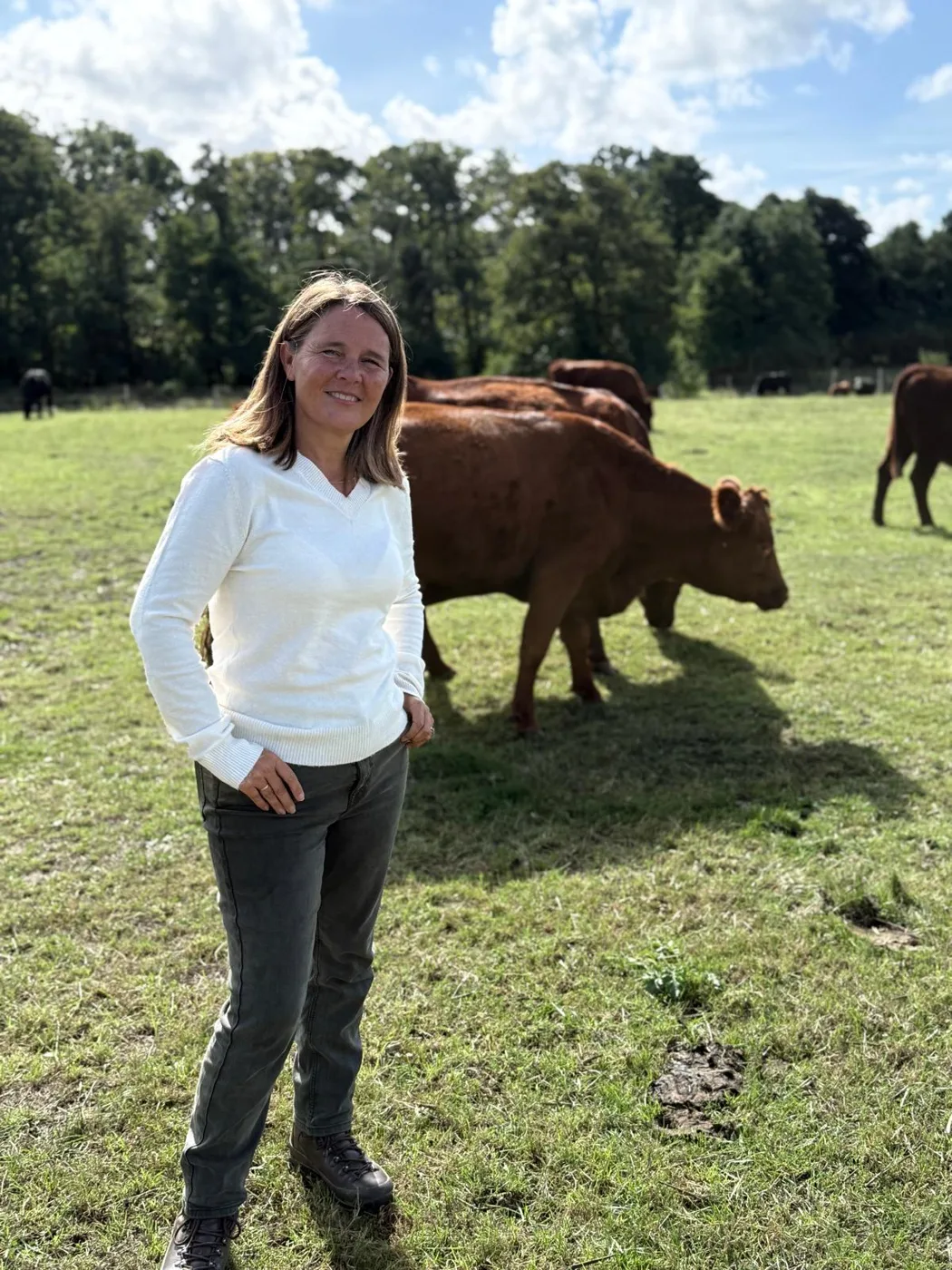 Vikki Slade MP standing in a field with red cattle grazing behind her at Sherford Farm, Wareham