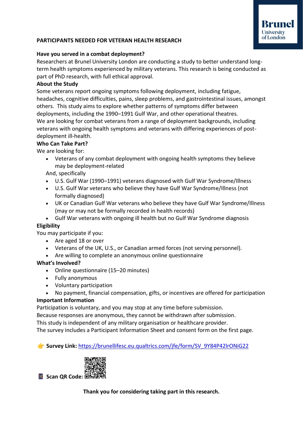 Brunel University of London advert headed Participants needed for veteran health research, asking Have you served in a combat deployment?, with eligibility, what is involved, the survey link and a QR code