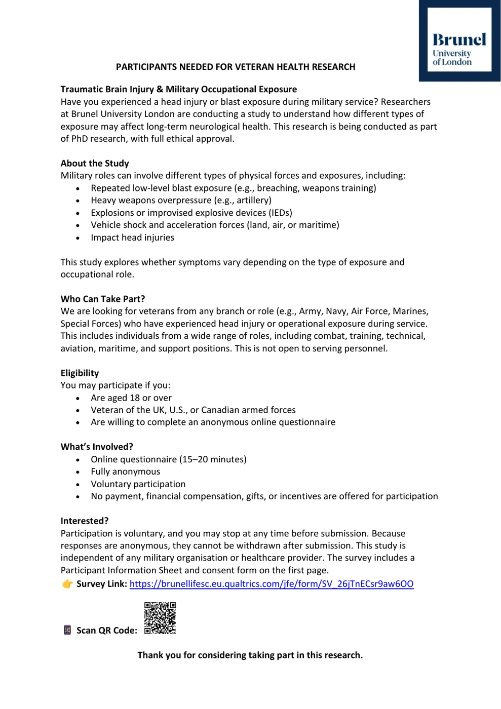 Brunel University of London advert headed Participants needed for veteran health research, Traumatic Brain Injury and Military Occupational Exposure, listing blast, overpressure, IED, vehicle and impact exposures, with the survey link and a QR code