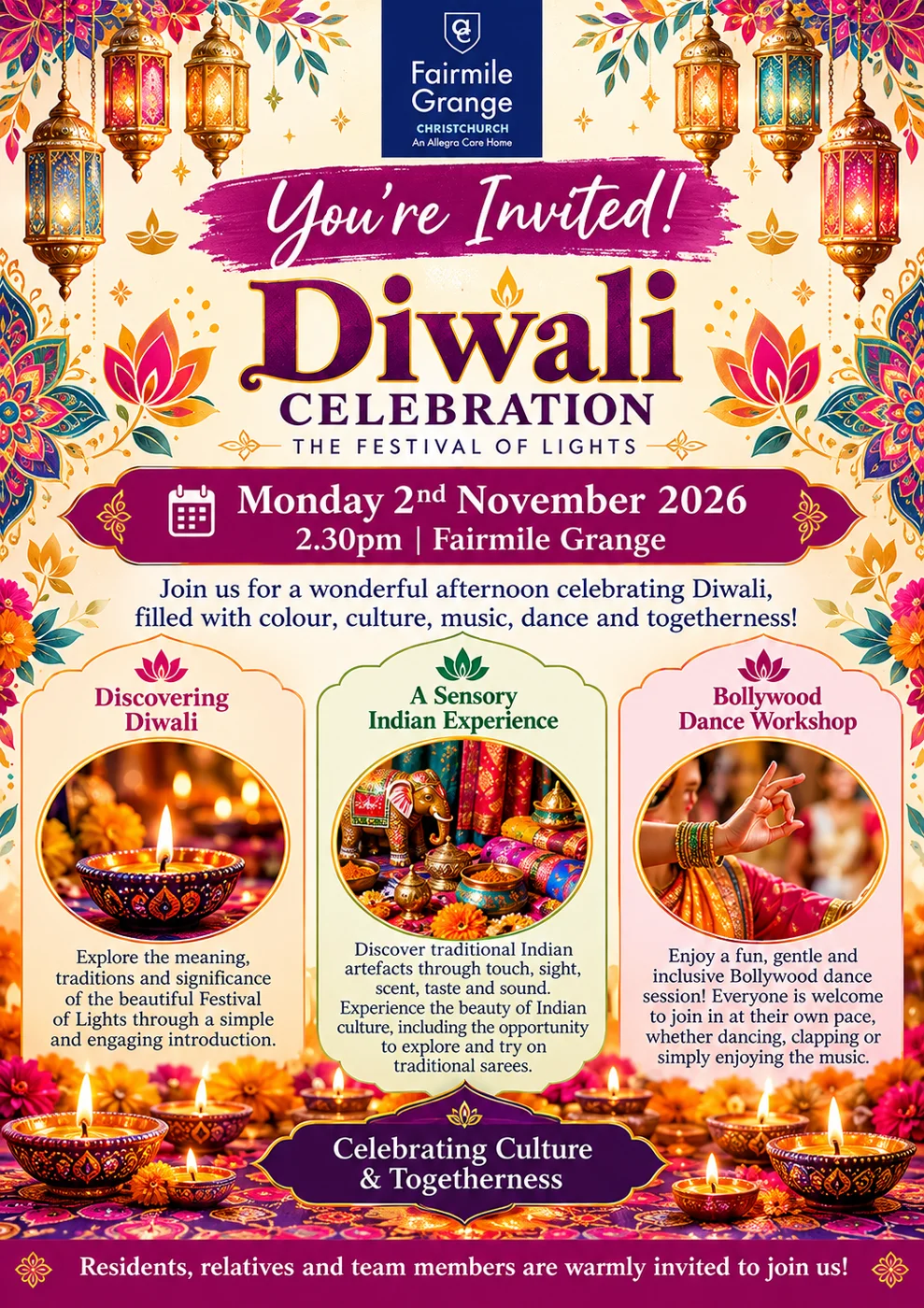Invitation poster for the Fairmile Grange Diwali Celebration, The Festival of Lights, on Monday 2nd November 2026 at 2.30pm, listing Discovering Diwali, A Sensory Indian Experience and a Bollywood Dance Workshop