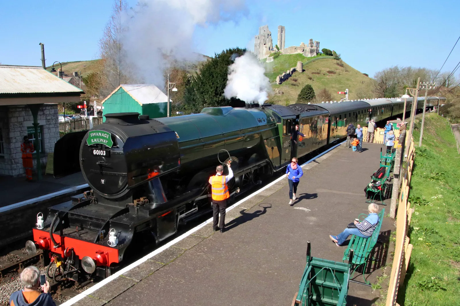 Flying Scotsman at Corfe Castle station on an earlier visit to the Swanage Railway