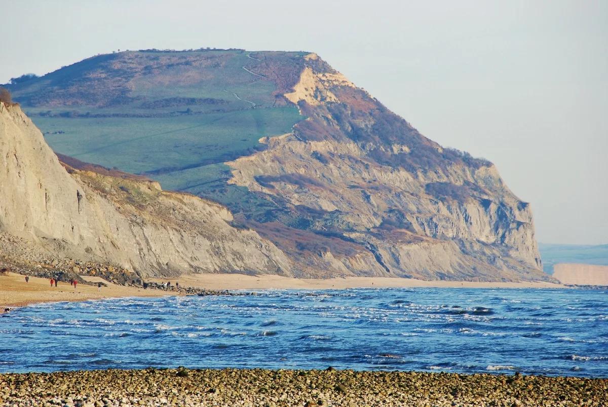 Golden Cap rising above the beach and Lyme Bay