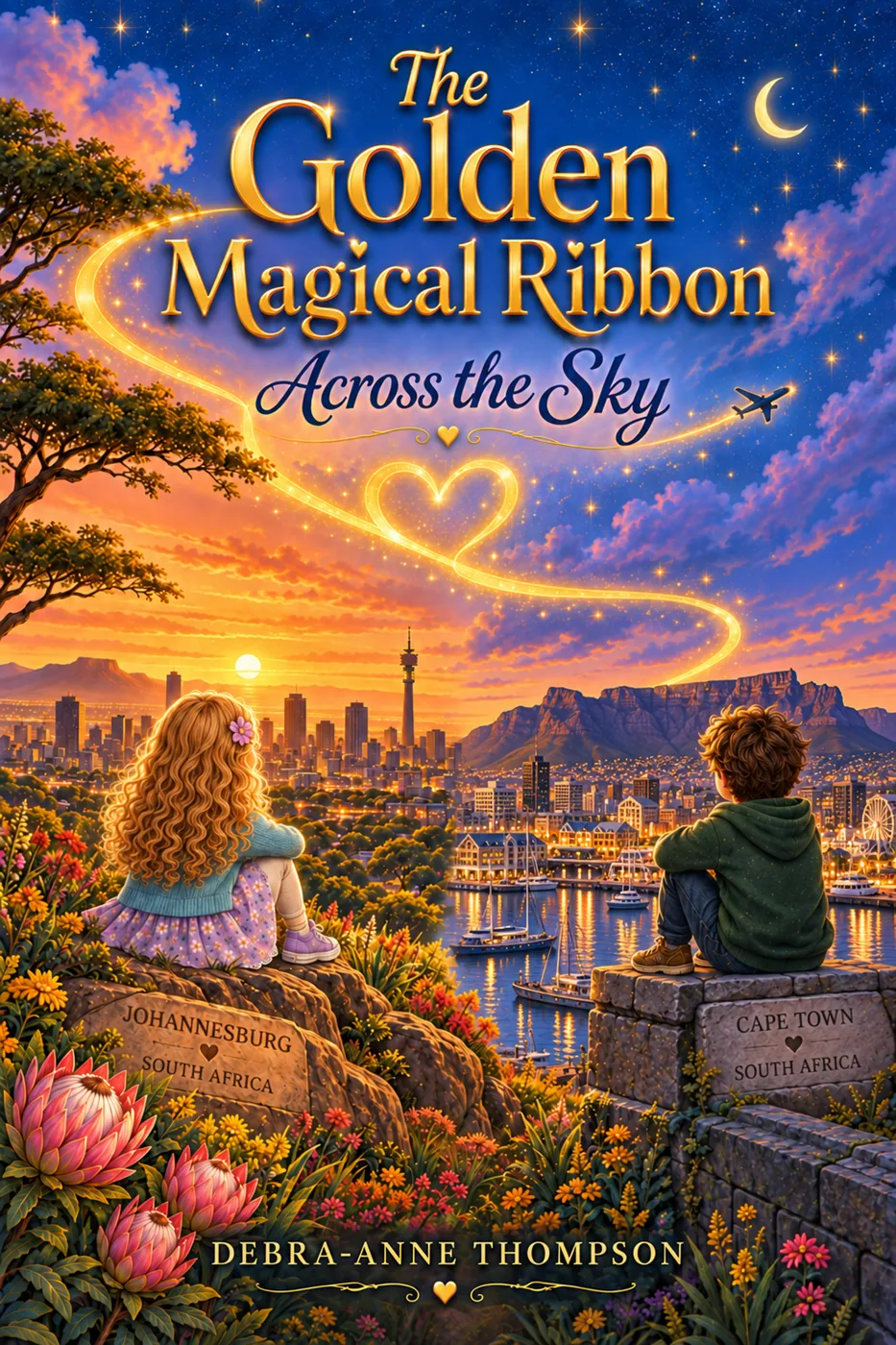 Cover of The Golden Magical Ribbon: Across the Sky, showing Lily on a rock marked Johannesburg and Rex on a wall marked Cape Town, with a golden ribbon and an aeroplane in the sky