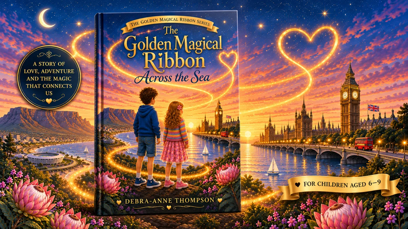 Cover of The Golden Magical Ribbon: Across the Sea, showing two children holding hands inside a glowing golden ribbon, with Table Mountain to the left and Big Ben to the right, labelled for children aged 6 to 9