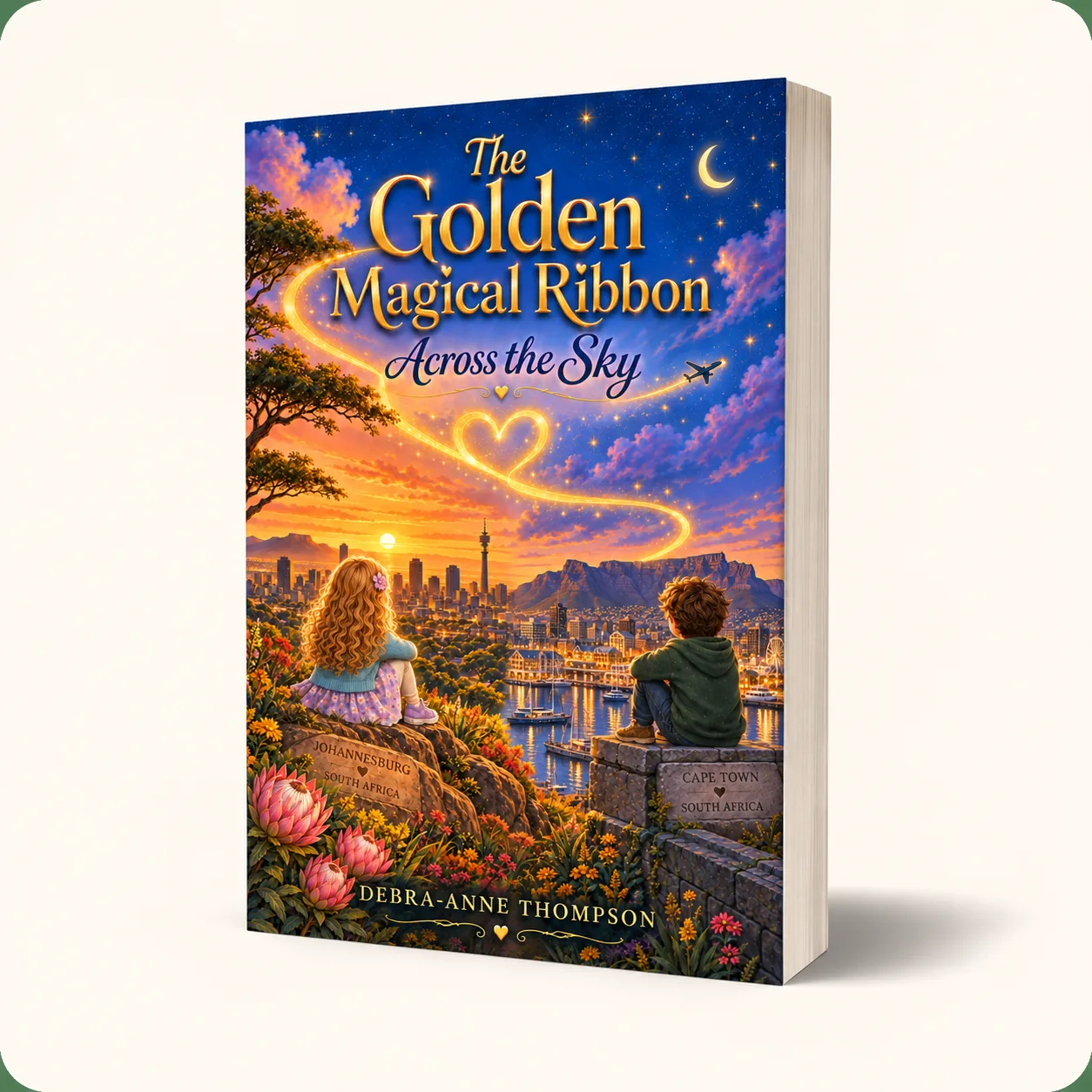 Cover of The Golden Magical Ribbon: Across the Sky, showing two children sitting on a wall looking out over a city at sunset, with a golden ribbon in the sky