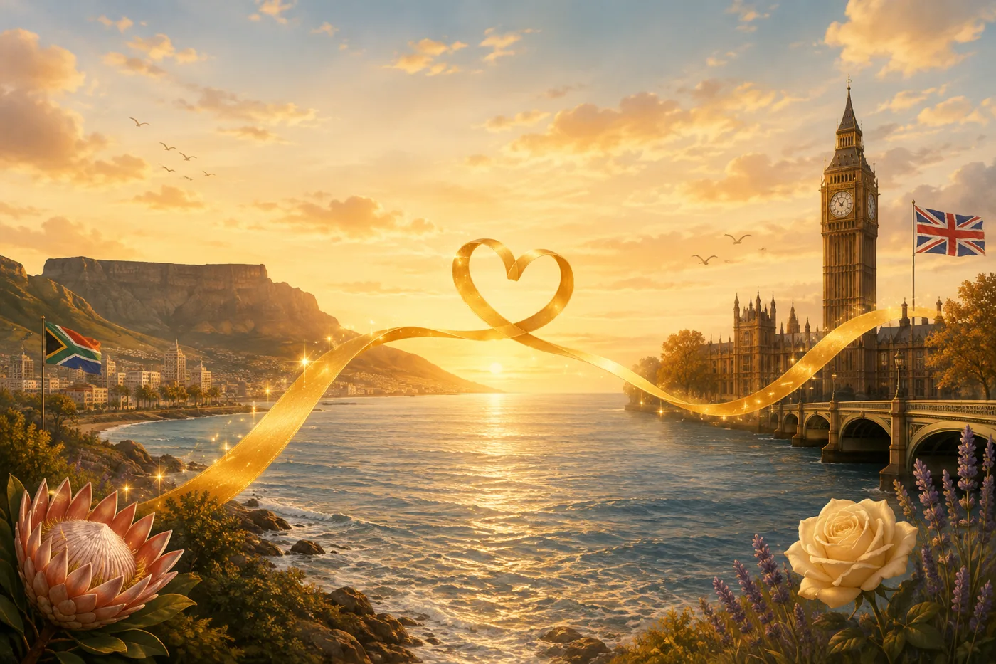 Illustration of a golden ribbon tied in a heart shape, stretching over the sea between Table Mountain on one side and Big Ben on the other, at sunset