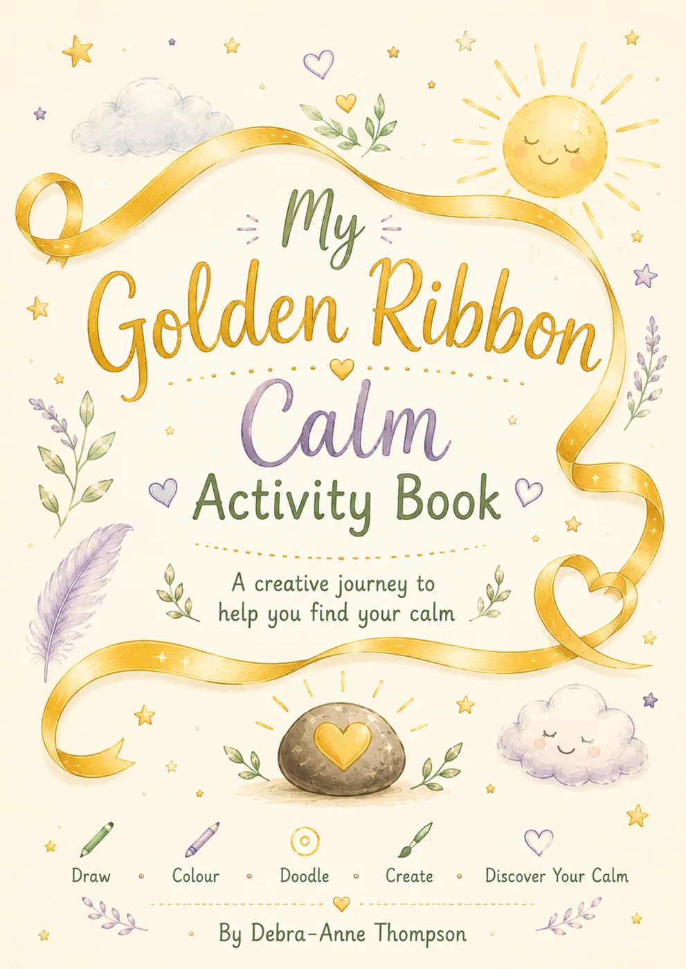Cover of My Golden Ribbon Calm Activity Book by Debra-Anne Thompson, with a golden ribbon, a smiling sun and clouds