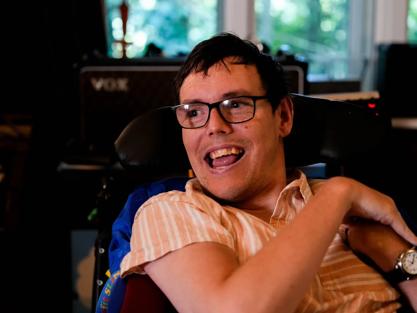 James, who is supported by Shaftesbury Horizons in Poole, smiling in the studio