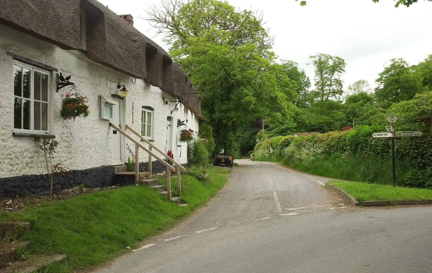 The thatched Brace of Pheasants at Plush, with the lane running on into the Piddle valley